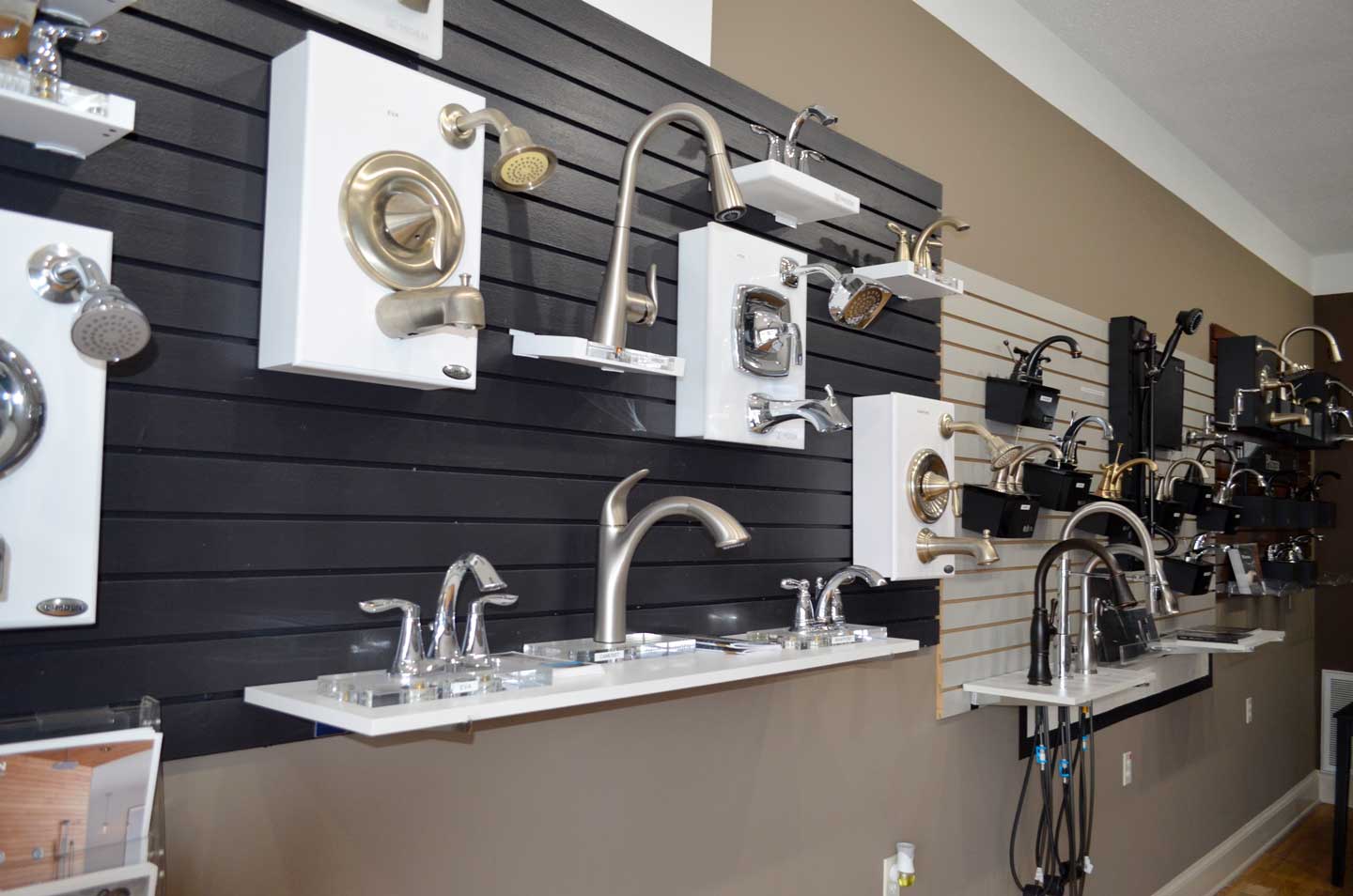 A range of faucet and shower fixture styles in chrome, brushed nickel and matte black