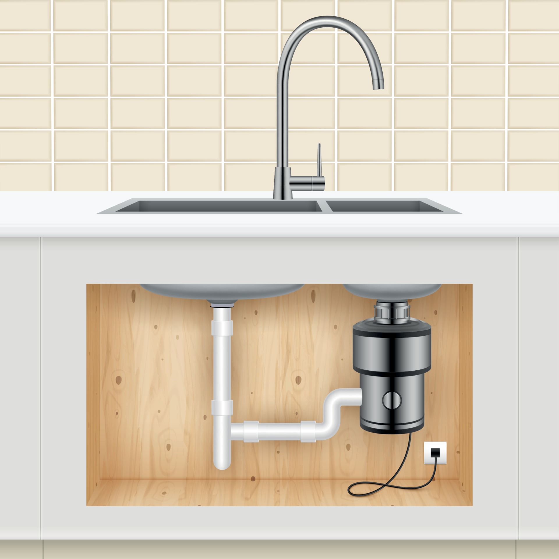 Under sink trap and disposal drain connection, where chemical drain cleaner sits when a slow drain does not clear