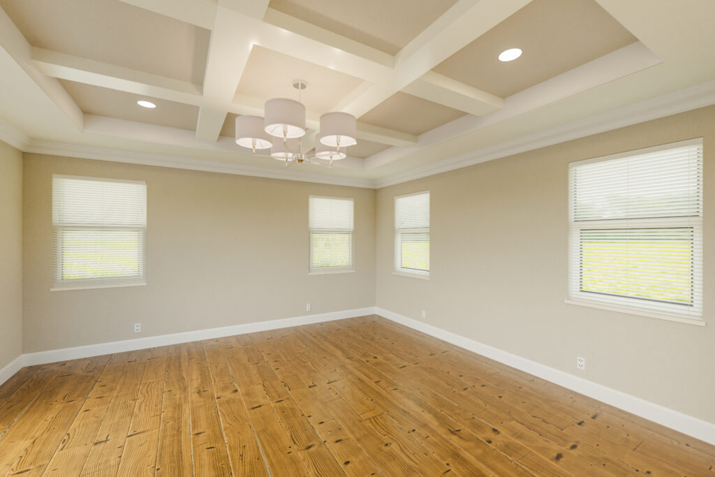 Beautiful Tan Custom Master Bedroom Complete with Fresh Paint, Crown and Base Molding, Hard Wood Floors and Coffered Ceiling