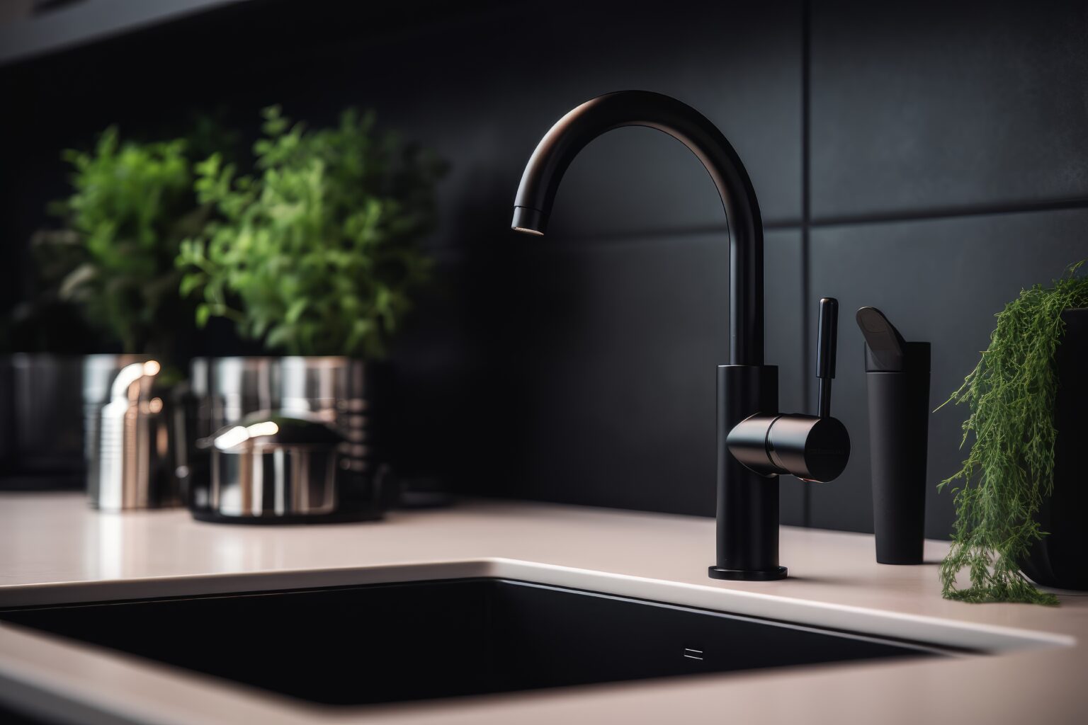 Modern black kitchen faucet installed on a sink after faucet replacement in Wake Forest, NC