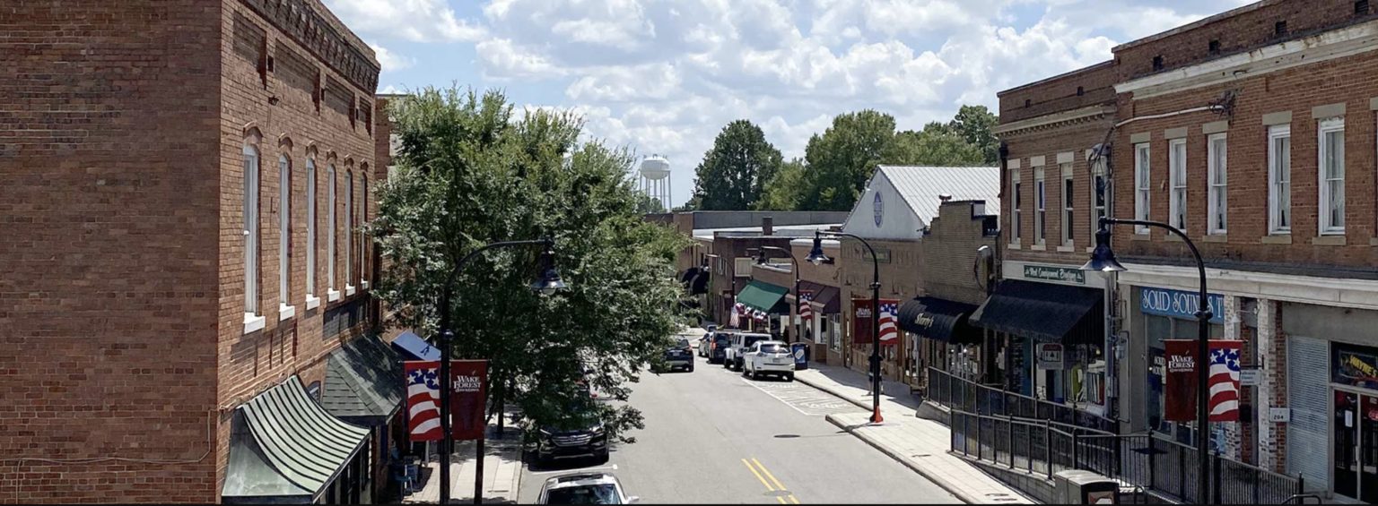 Downtown Wake Forest, NC, the town center near the subdivisions where new construction plumbing work is going in